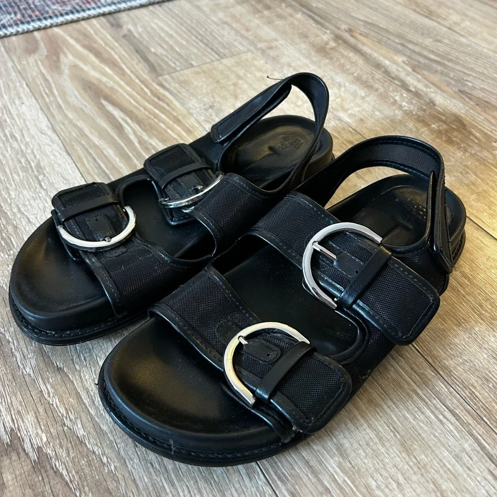 Zara Buckled Flat Mesh  Sandals - Black - Size 37 - Picture 3 of 6